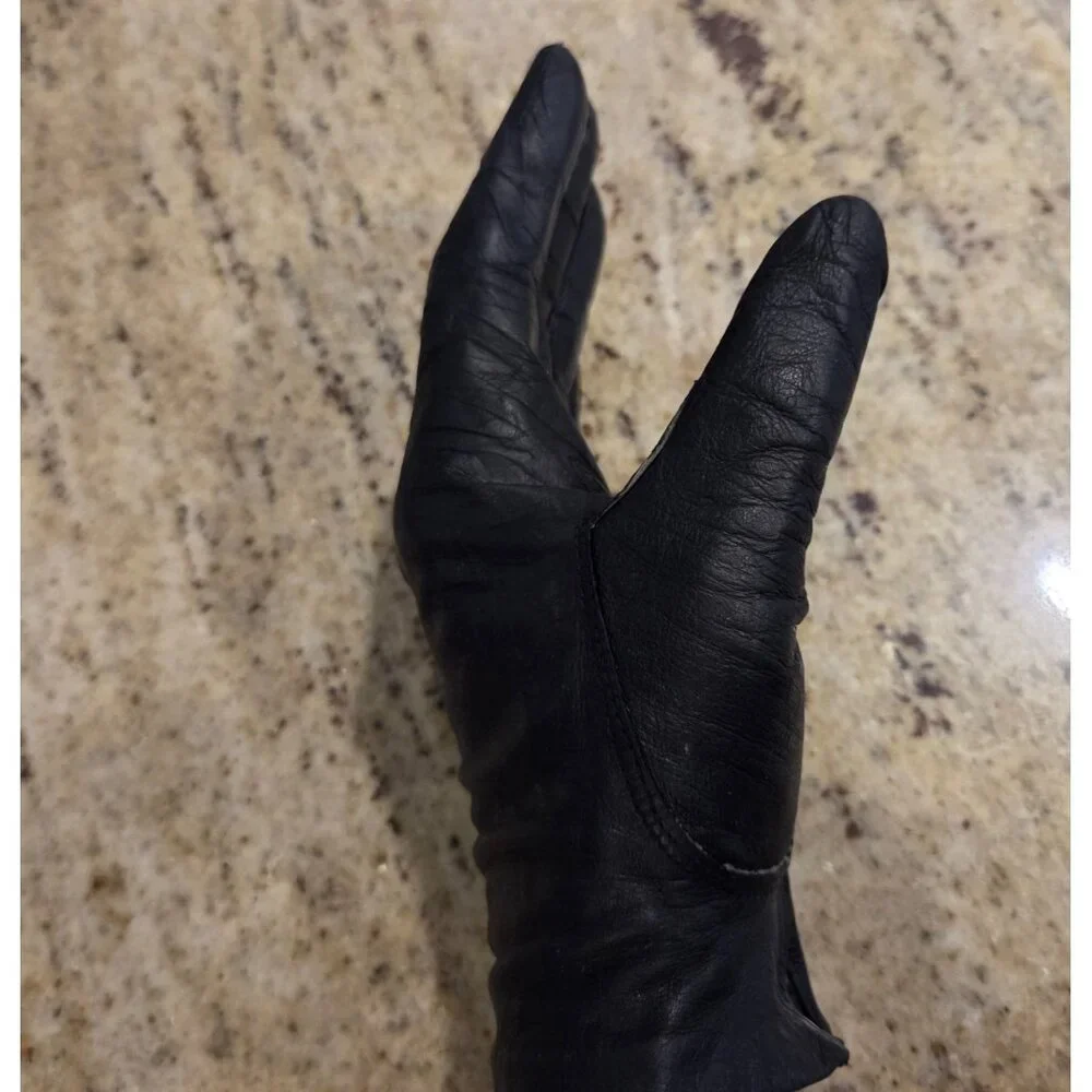 Vintage Womens Size L 7.5 Black Leather Lined Short Gloves Fownes Costume Witch